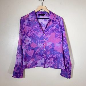 Vintage Express Purple Floral Print Top Blouse Long Sleeve 100% Silk Women's 7/8